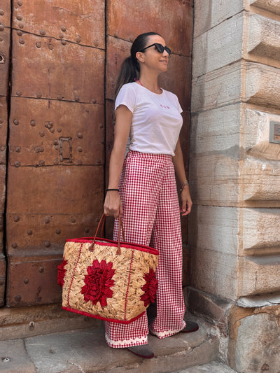 REBECCA DONNA pantalone seersucher rosso onda panna