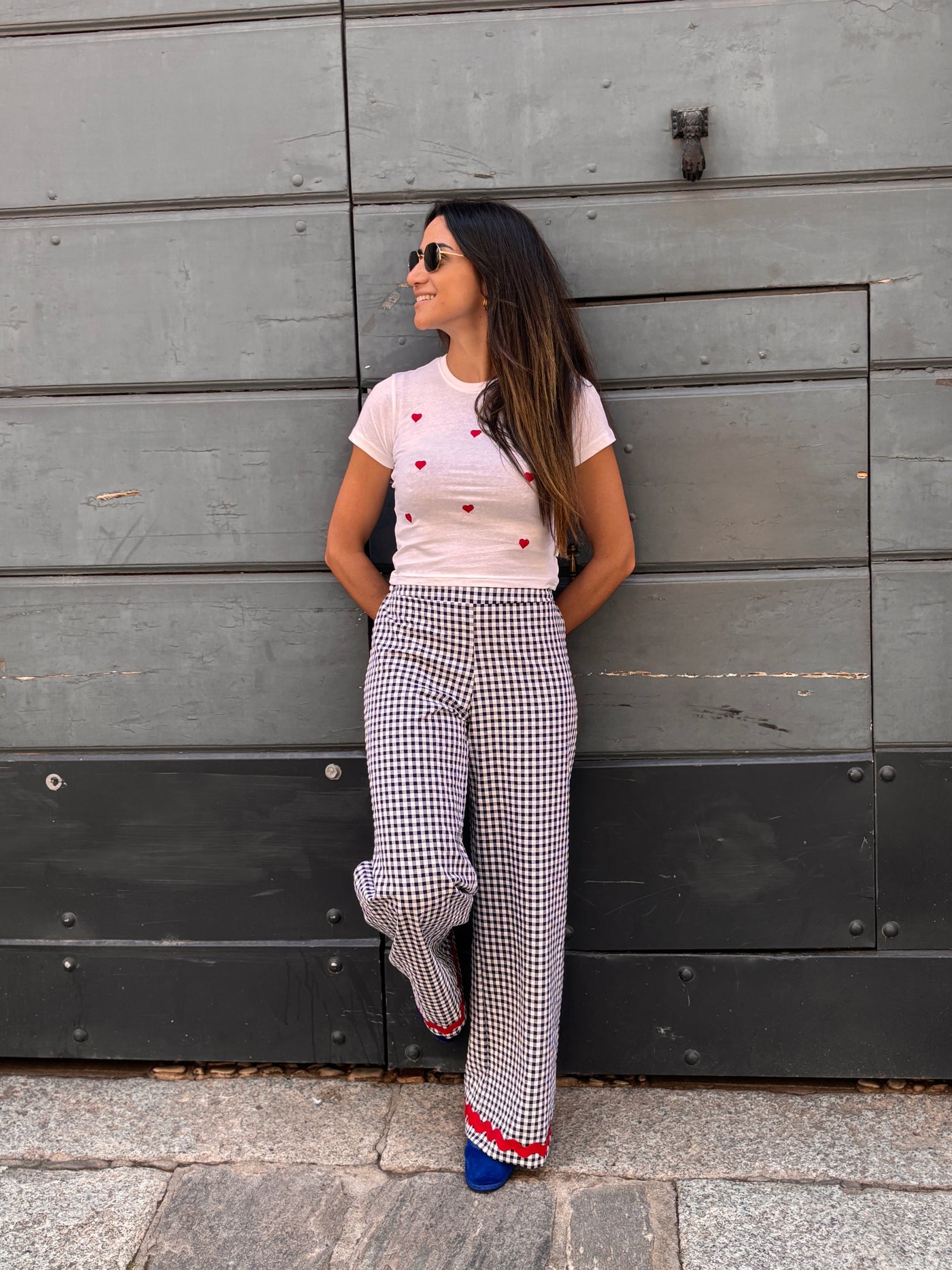 REBECCA DONNA pantalone seersucher blu onda rossa