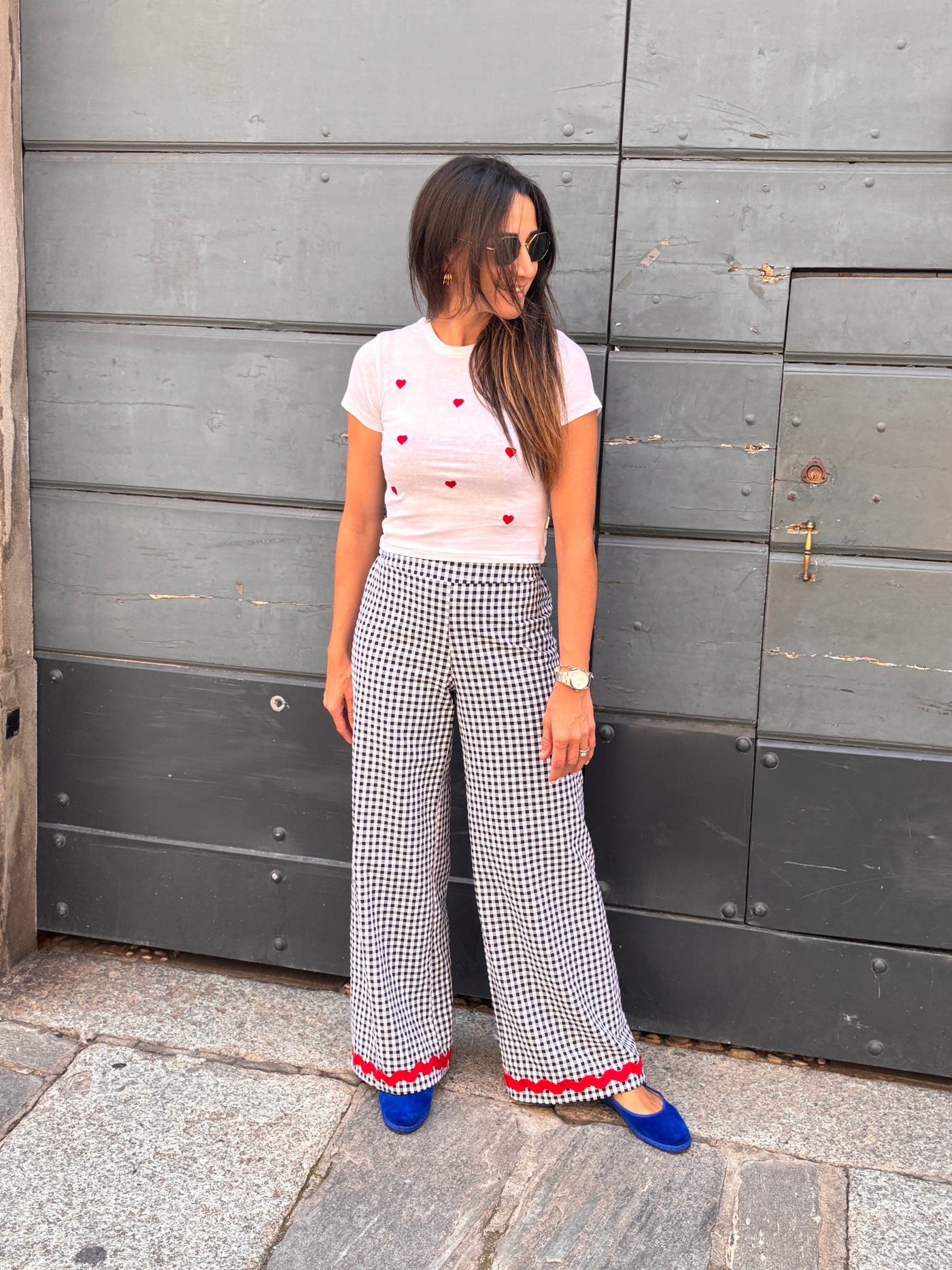 REBECCA DONNA pantalone seersucher blu onda rossa