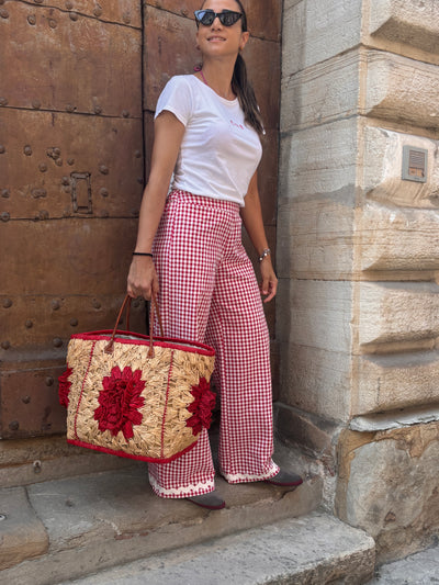 REBECCA DONNA pantalone seersucher rosso onda panna